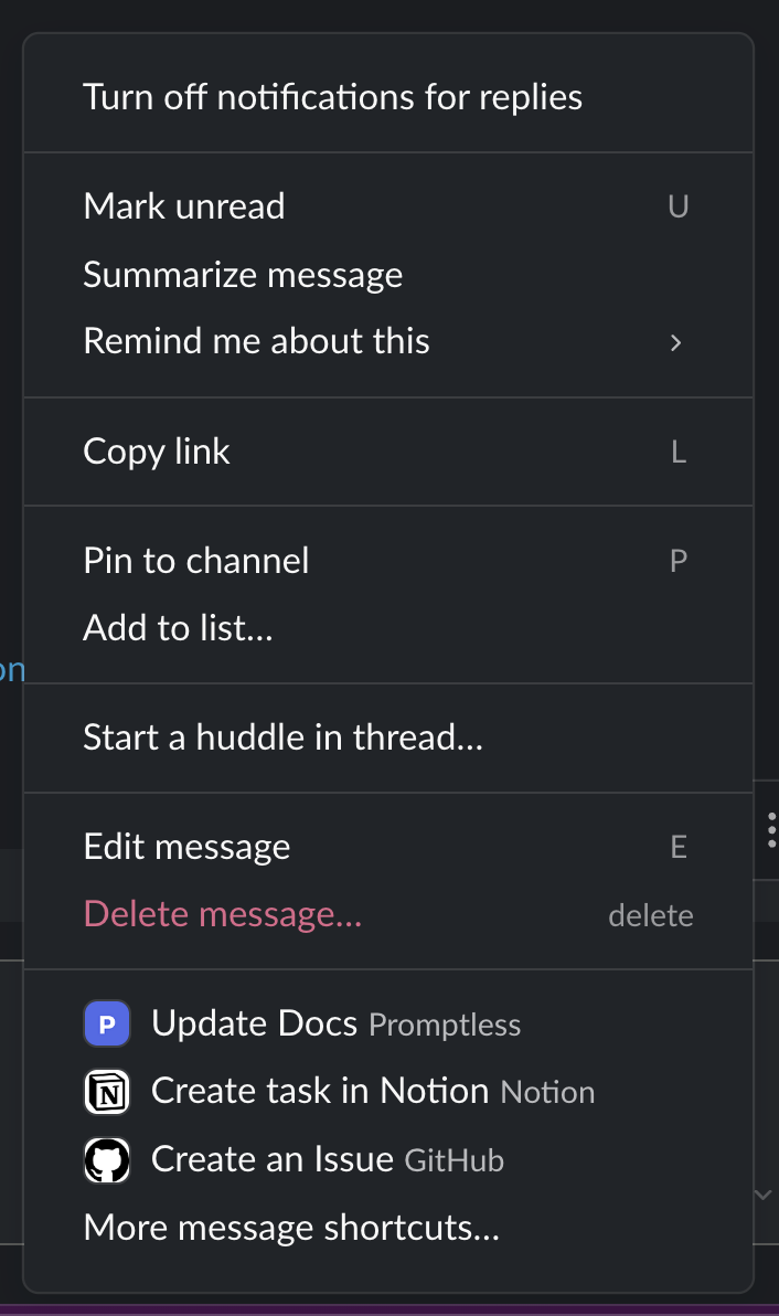 Slack context menu with Promptless options including Update Docs, Create task in Notion, and Create an Issue
