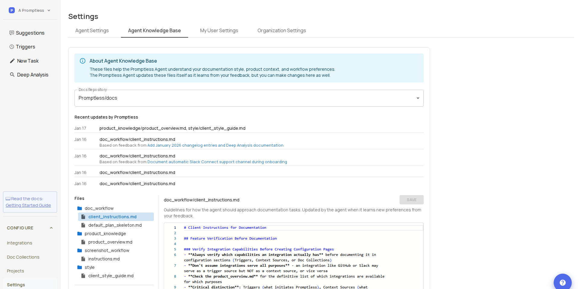 Agent Knowledge Base showing a file selected in the tree and its content in the editor