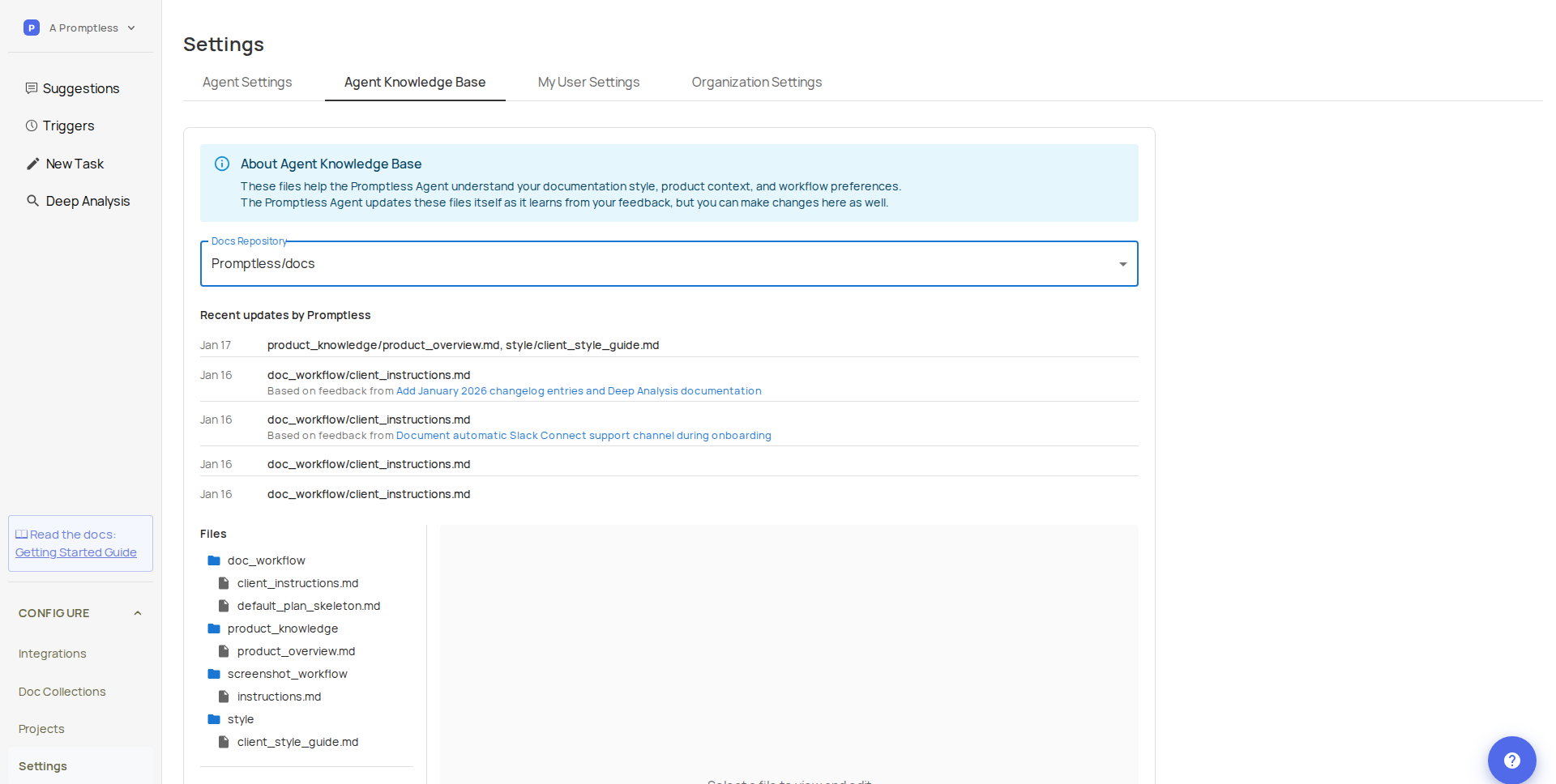Agent Knowledge Base interface showing the file tree, recent updates, and editor