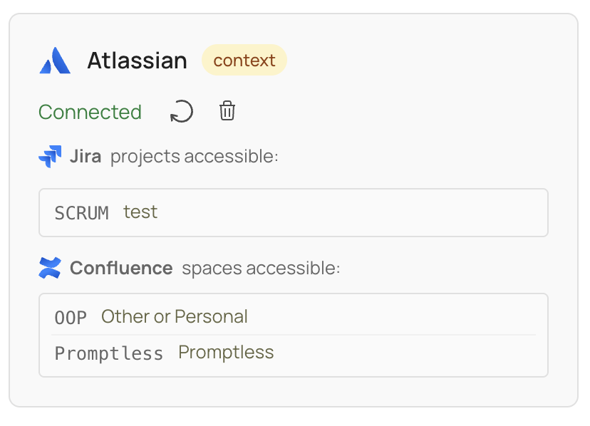 Atlassian integration showing both Jira projects and Confluence spaces in a unified interface