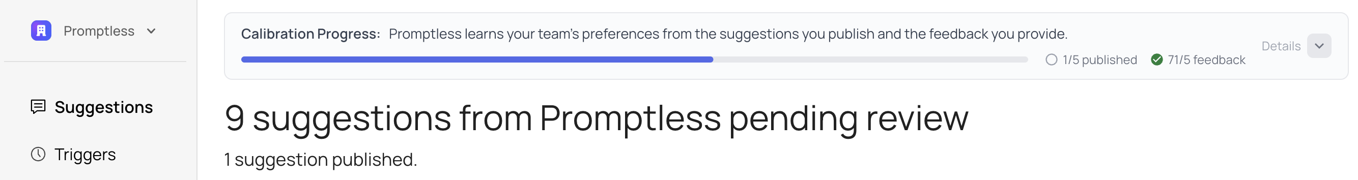 Calibration progress banner showing progress bar with 1/5 published and 7/5 feedback completed