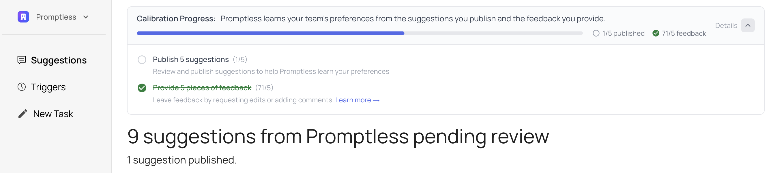 Calibration progress banner expanded view showing detailed checklist items for publishing suggestions and providing feedback