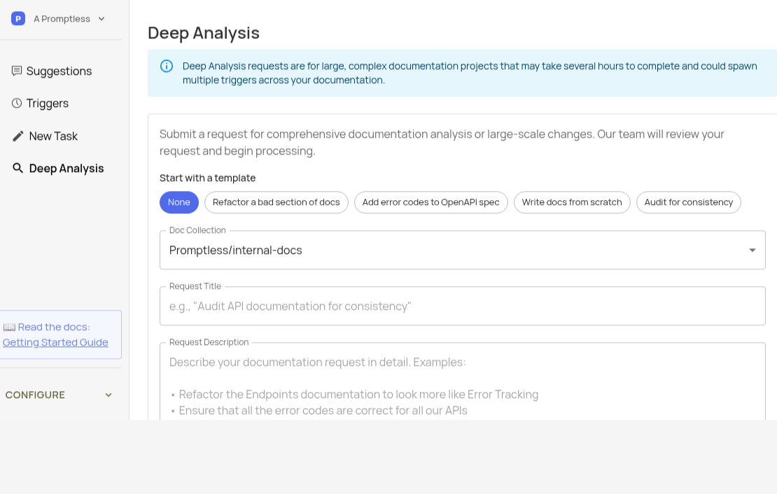 Deep Analysis page showing template options, doc collection selector, and request form