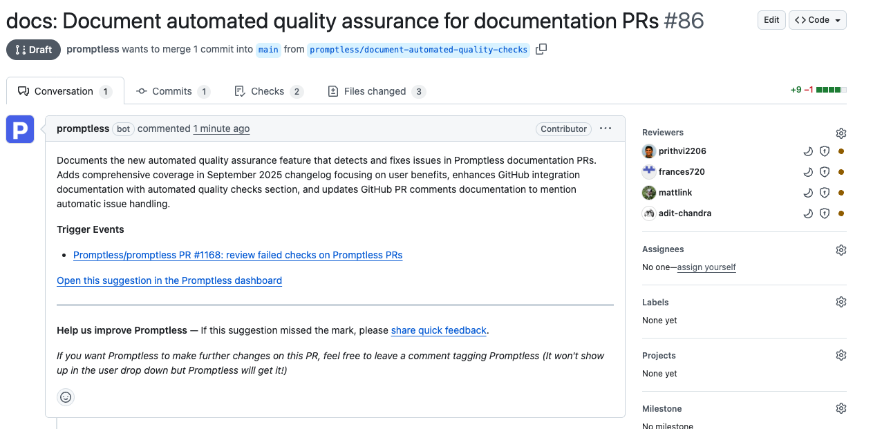 GitHub pull request showing draft status for Promptless documentation PR