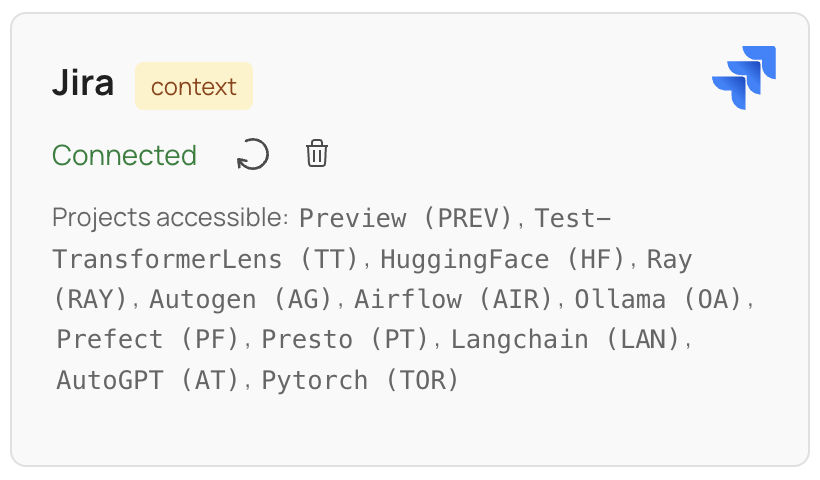 Jira project configuration showing connected status and accessible projects