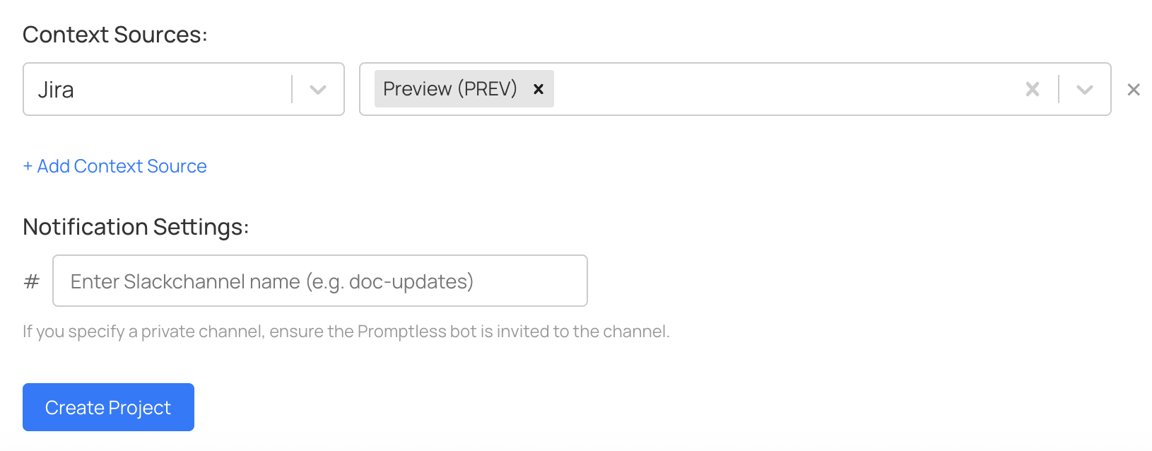 Project configuration screen showing context sources setup with Jira integration