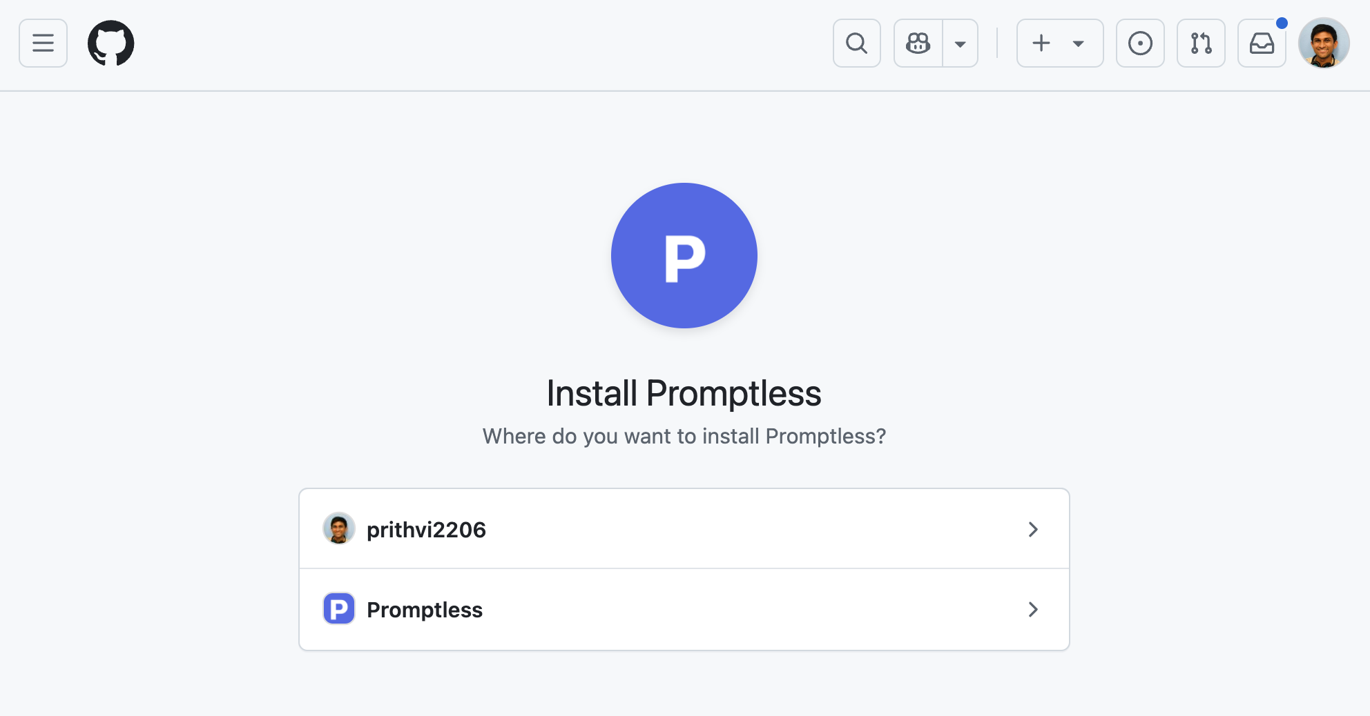 GitHub organization selection screen during Promptless installation