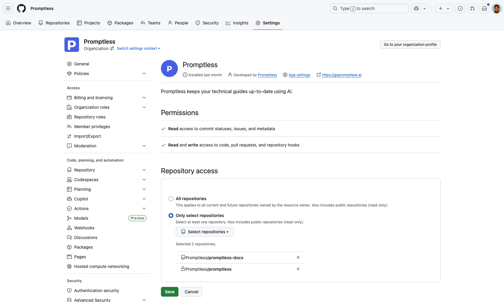 GitHub organization settings showing Promptless app configuration with repository access management