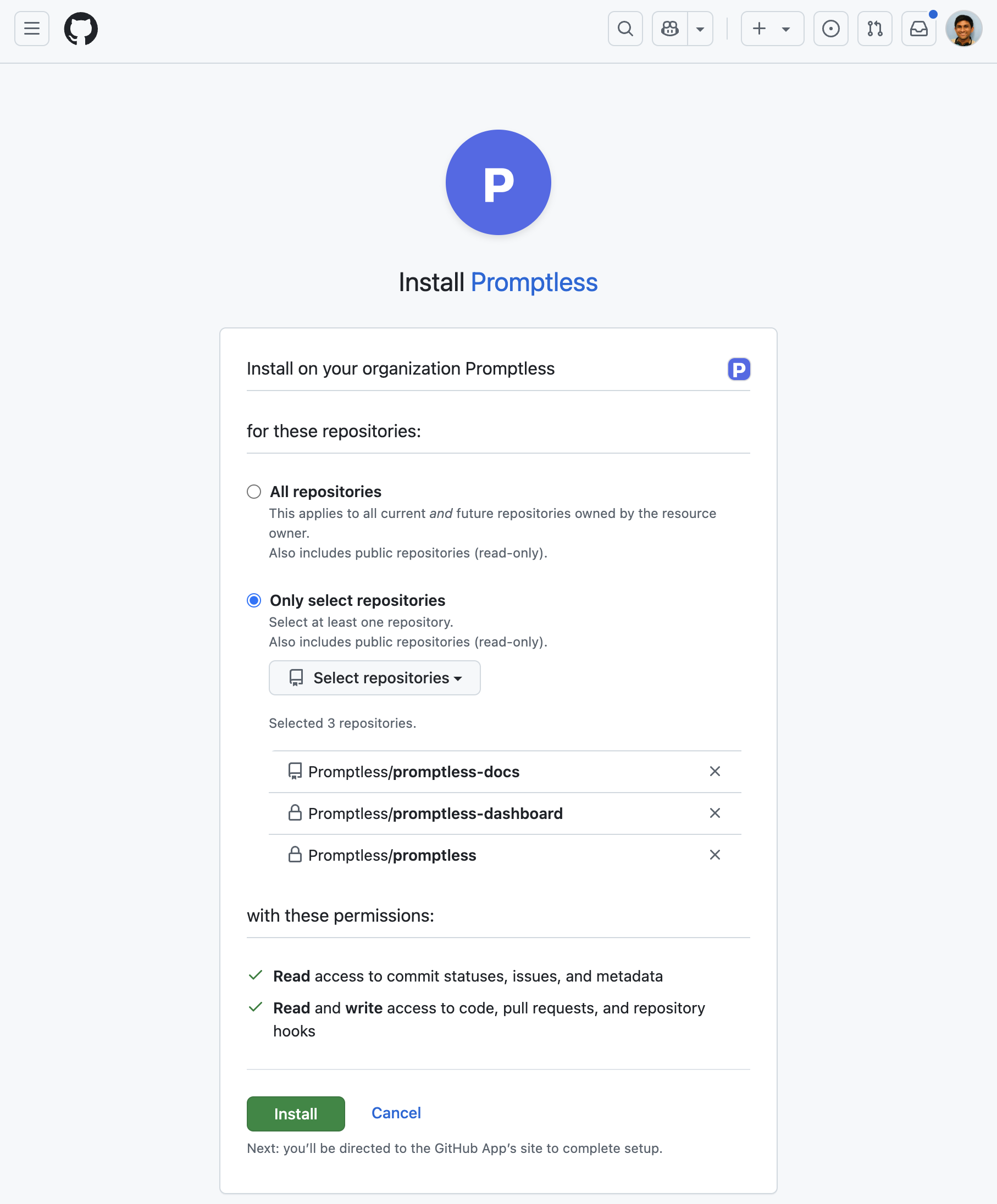 GitHub repository selection screen showing permissions and repository access options