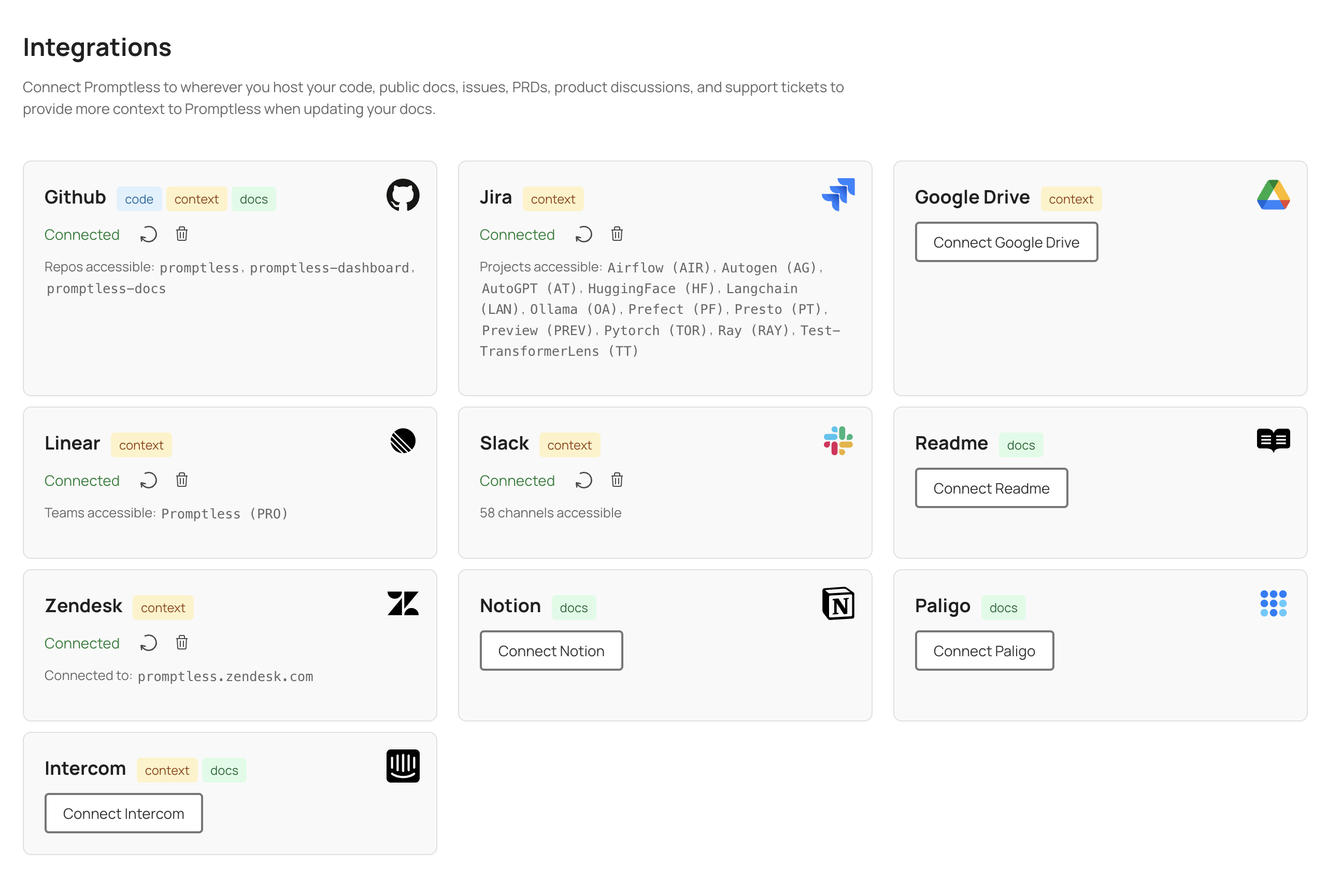 Promptless integrations page showing GitHub as connected with accessible repositories