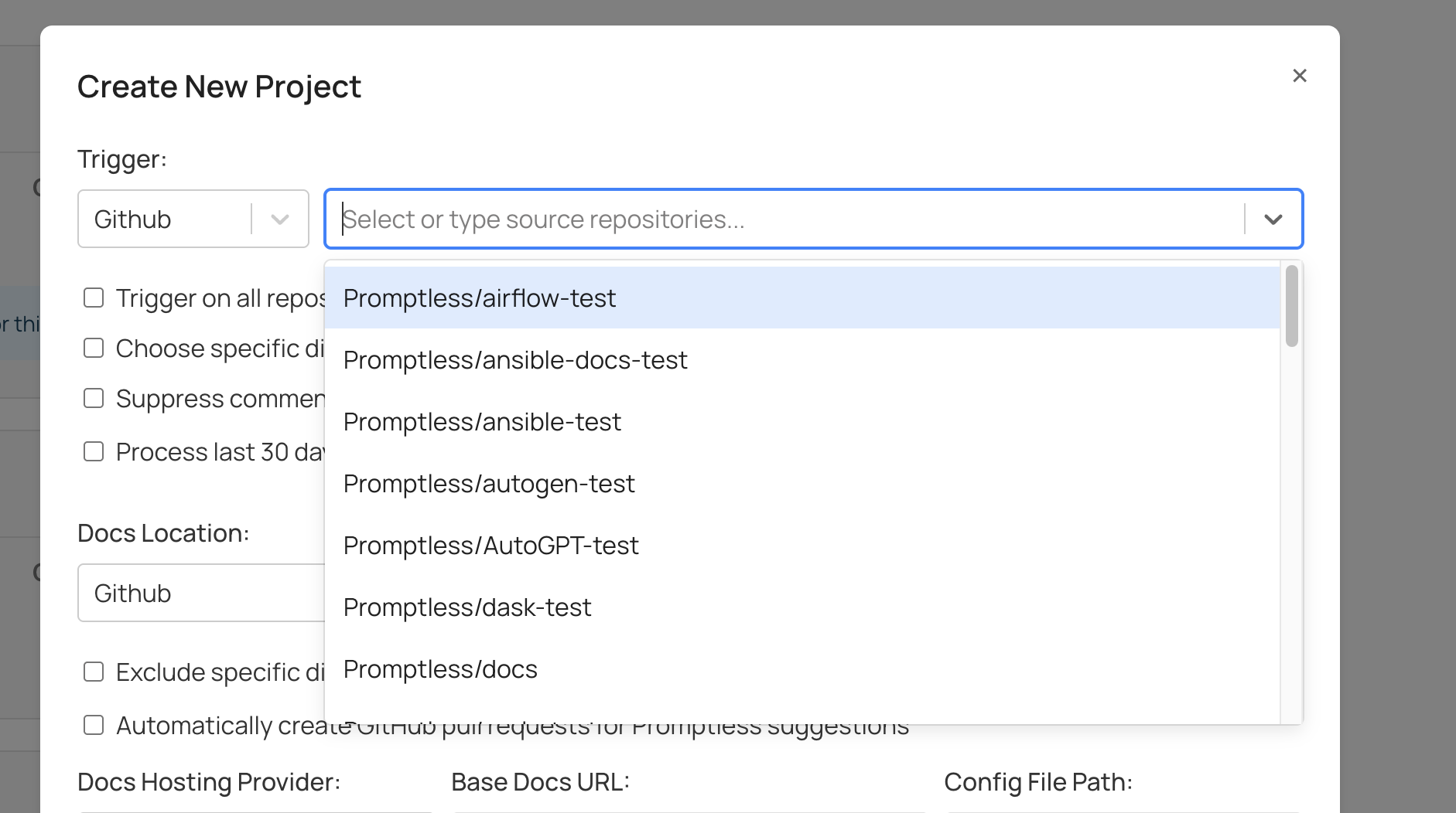 Project modal showing repository names prefixed with organization names