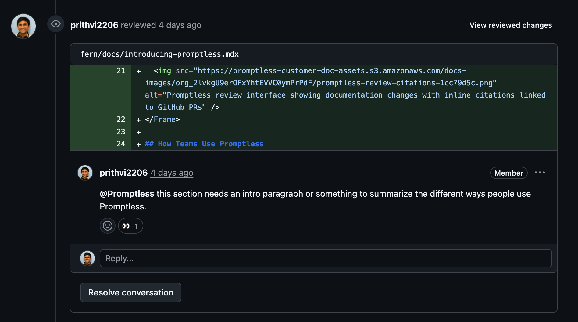 GitHub PR comment showing feedback with @Promptless mention