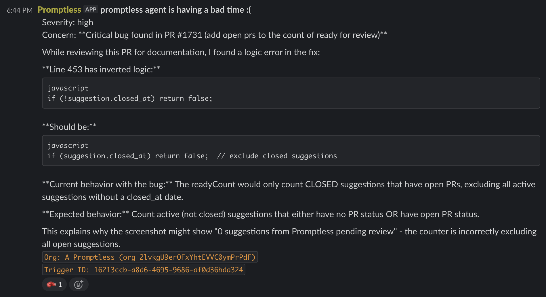 Agent escalation about critical bug with inverted logic