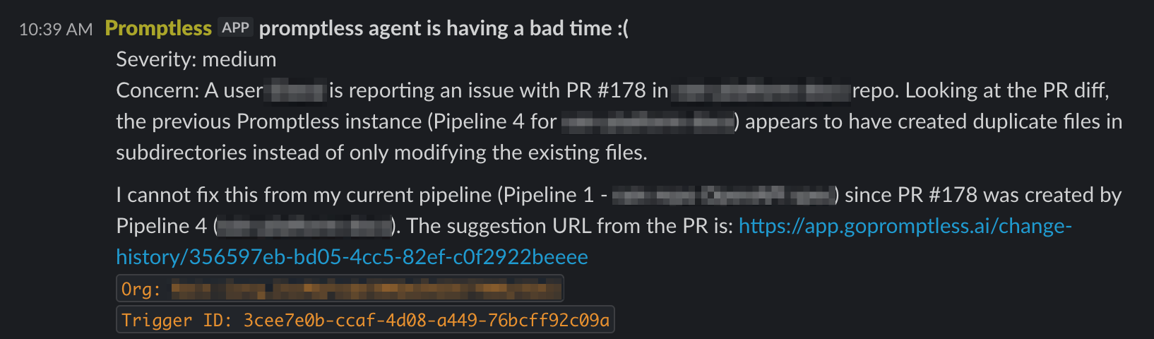 Agent escalation about duplicate files in customer PR