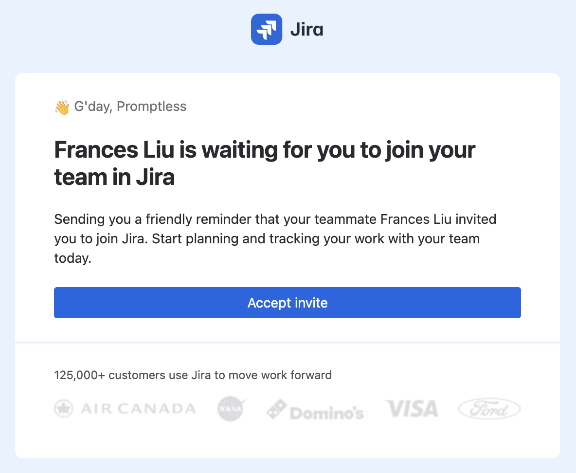 Email invitation from Jira to join the team