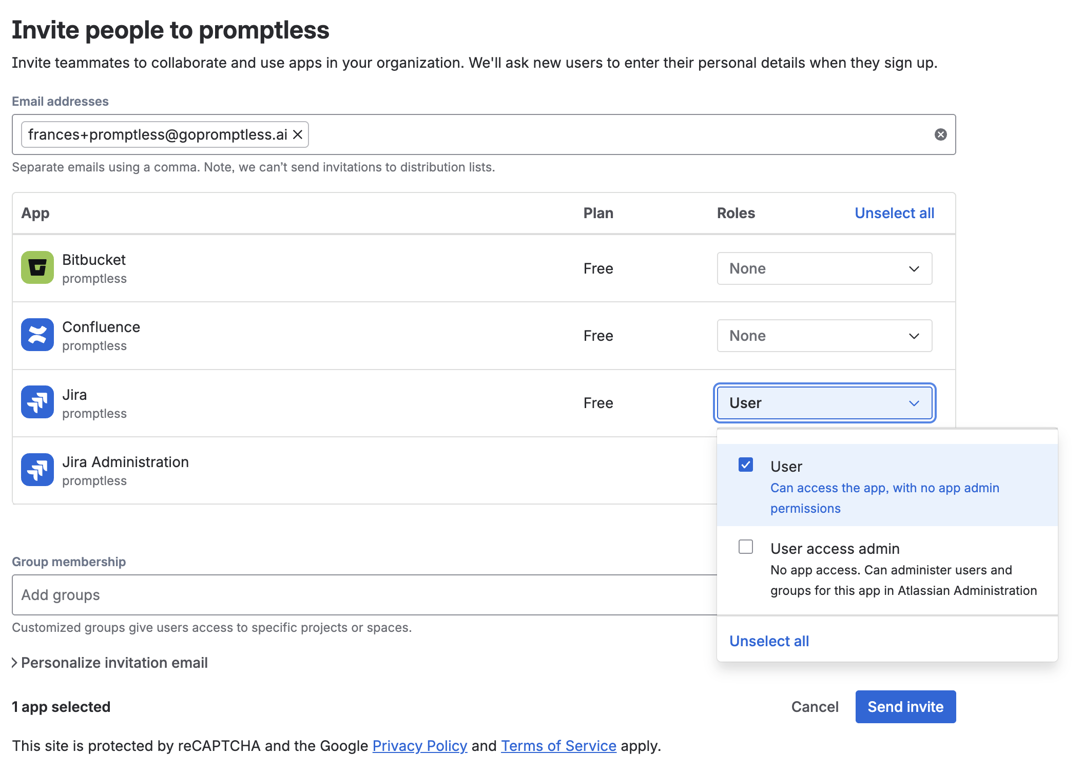 Invite people to Jira screen with email and User role selected
