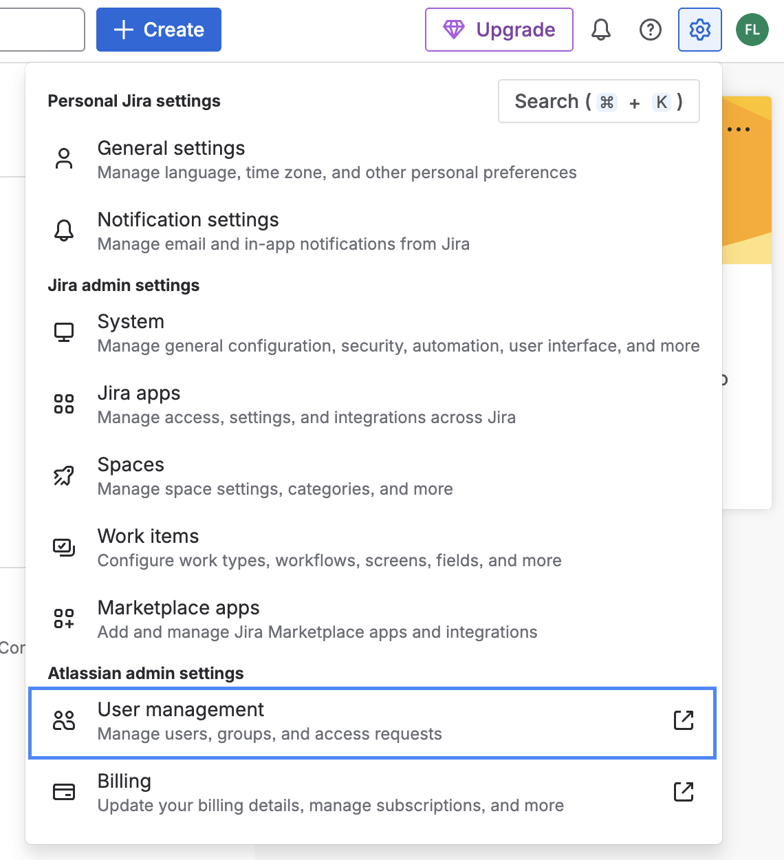 Atlassian admin settings showing User management option