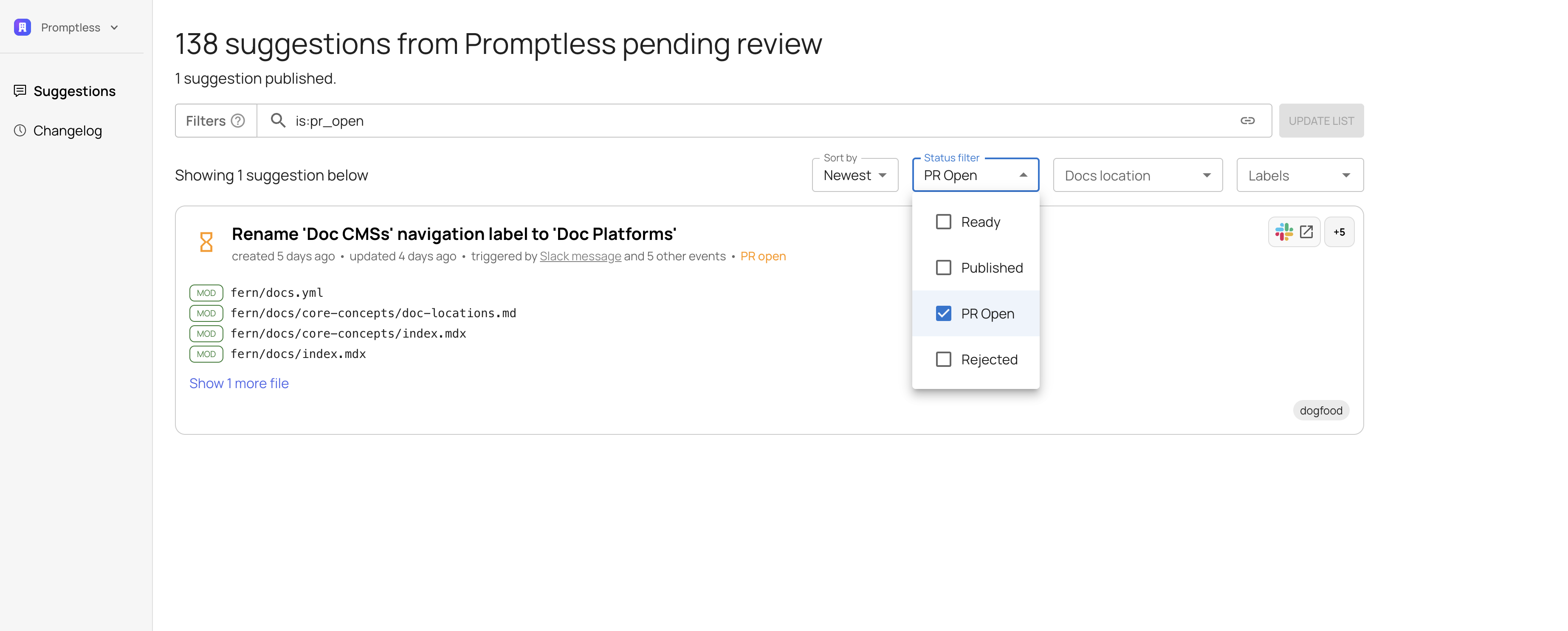 PR Open filter option in the suggestions dashboard status dropdown
