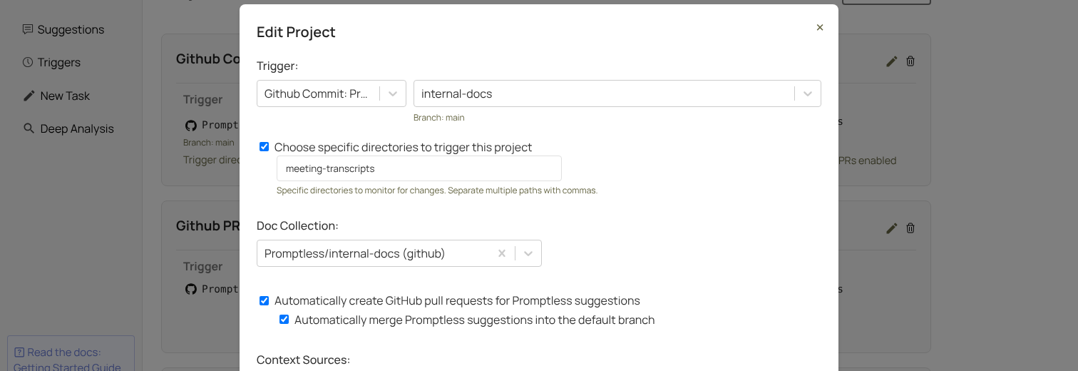 Project settings showing auto-publish and auto-merge checkboxes