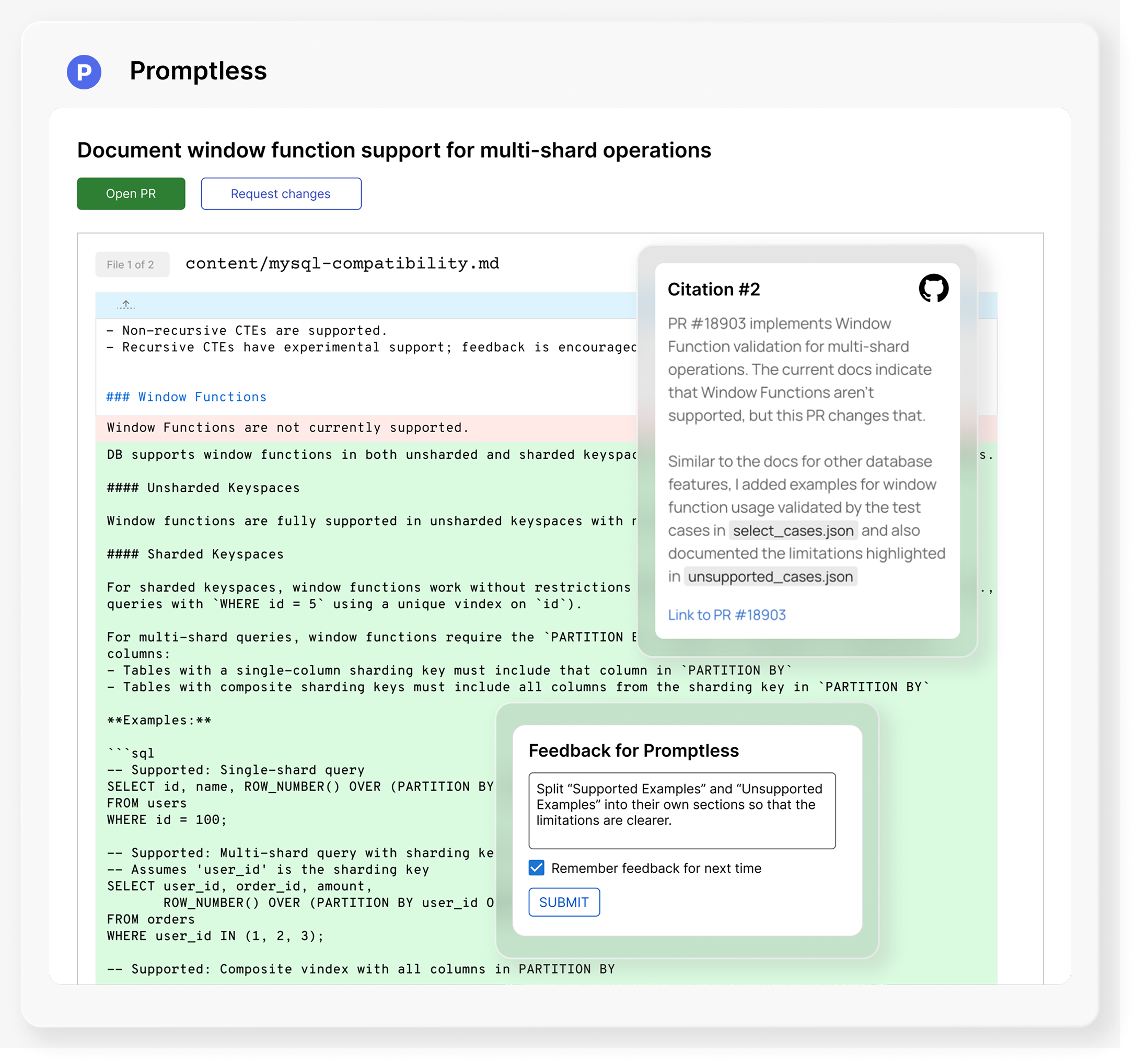 Promptless review interface showing documentation changes with inline citations linked to GitHub PRs