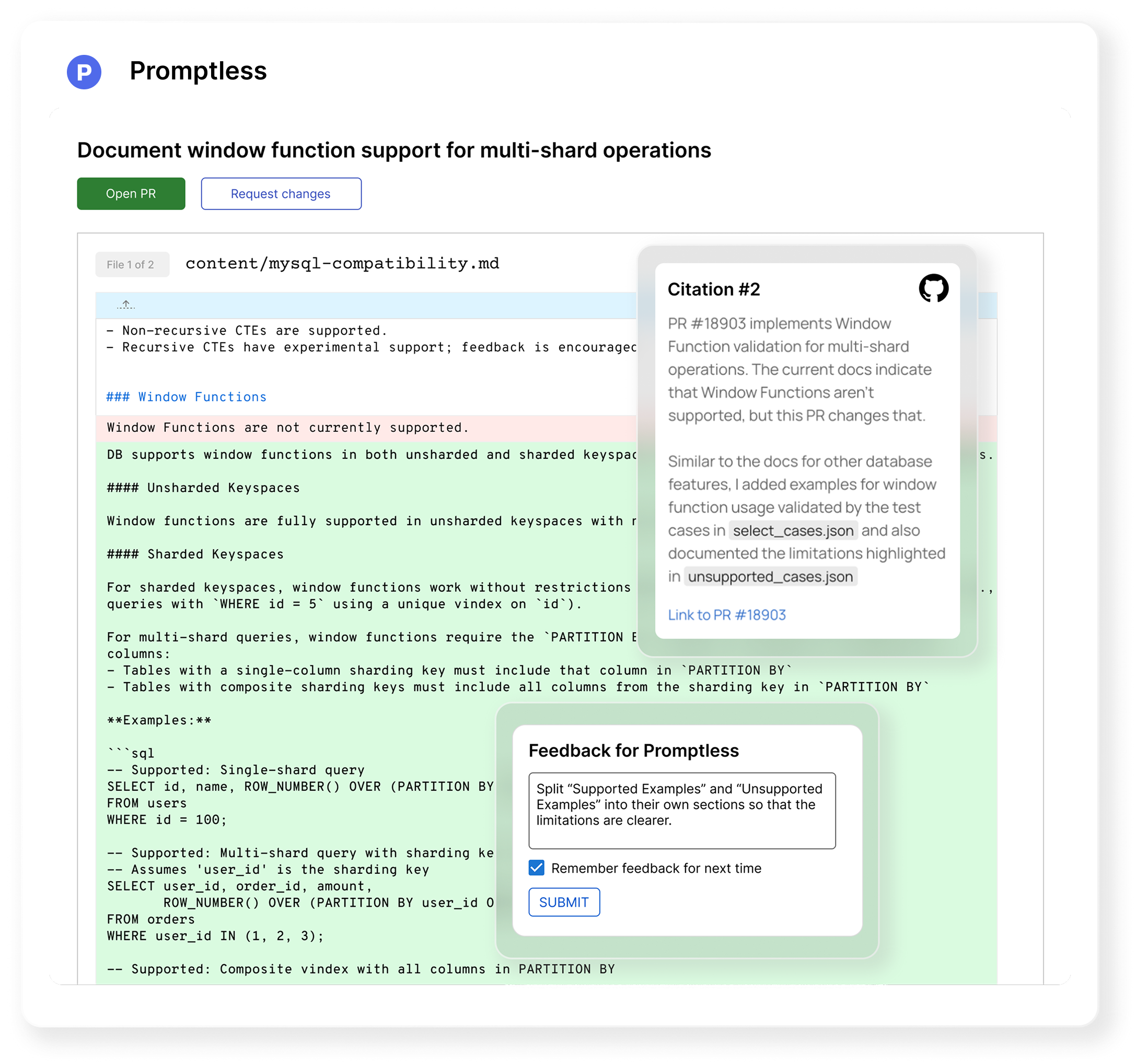 Promptless review interface showing documentation changes with inline citations linked to GitHub PRs