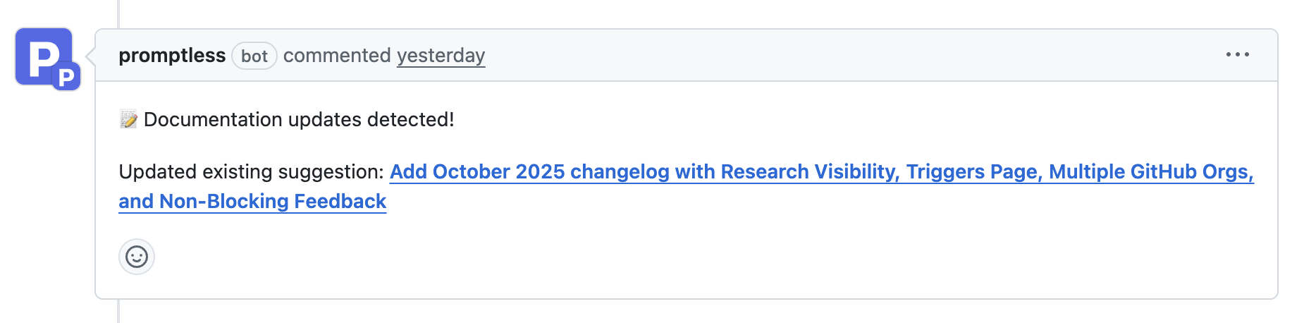 Slack notification from Promptless bot showing documentation updates detected