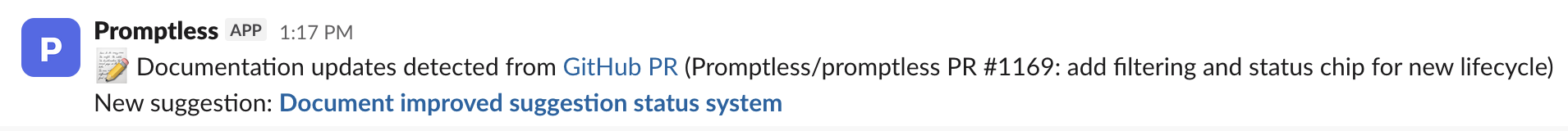 Promptless notification showing GitHub PR detected with documentation updates