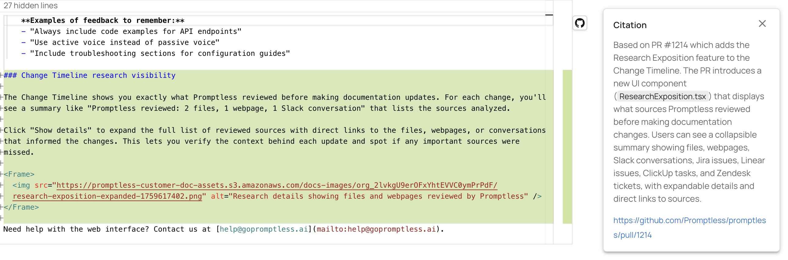 Web interface showing citation panel with GitHub PR context and research details