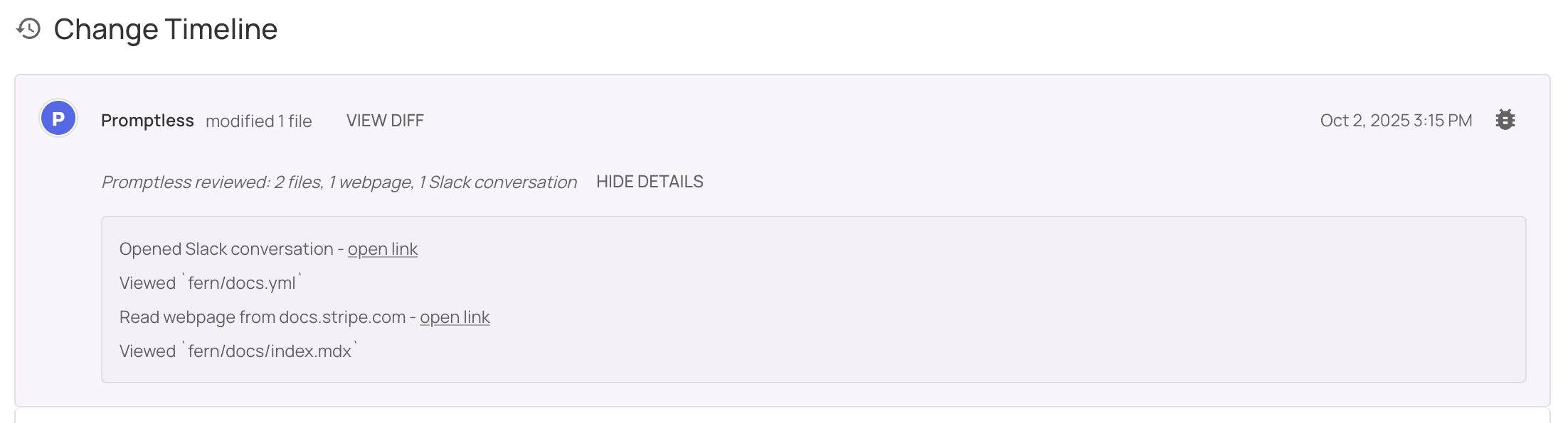 Research details showing files and webpages reviewed by Promptless