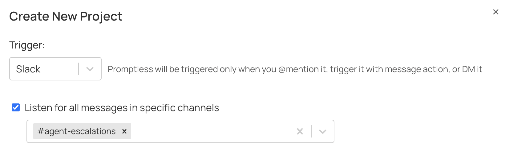 Project configuration showing passive listening checkbox and channel selection