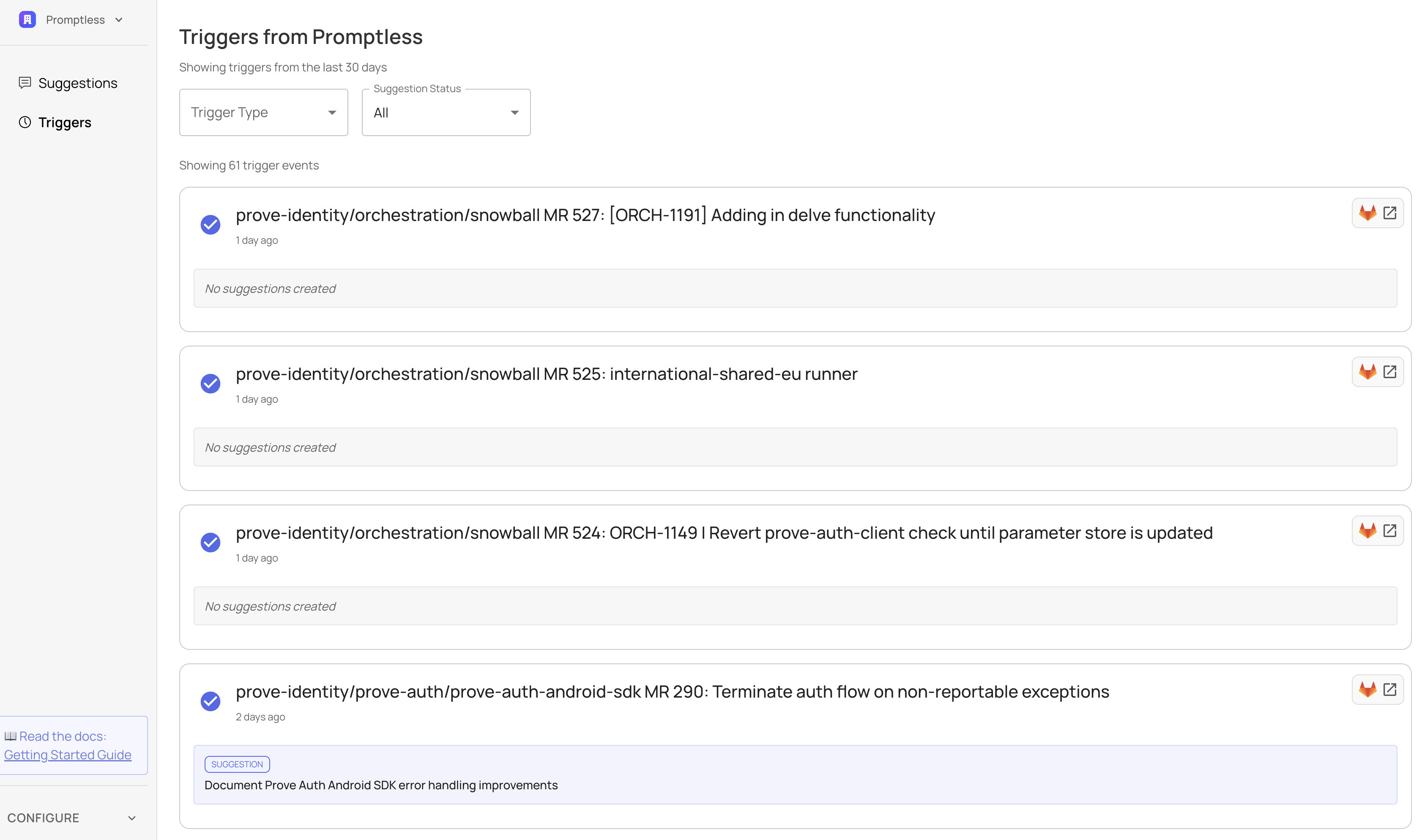 Triggers page showing recent trigger events