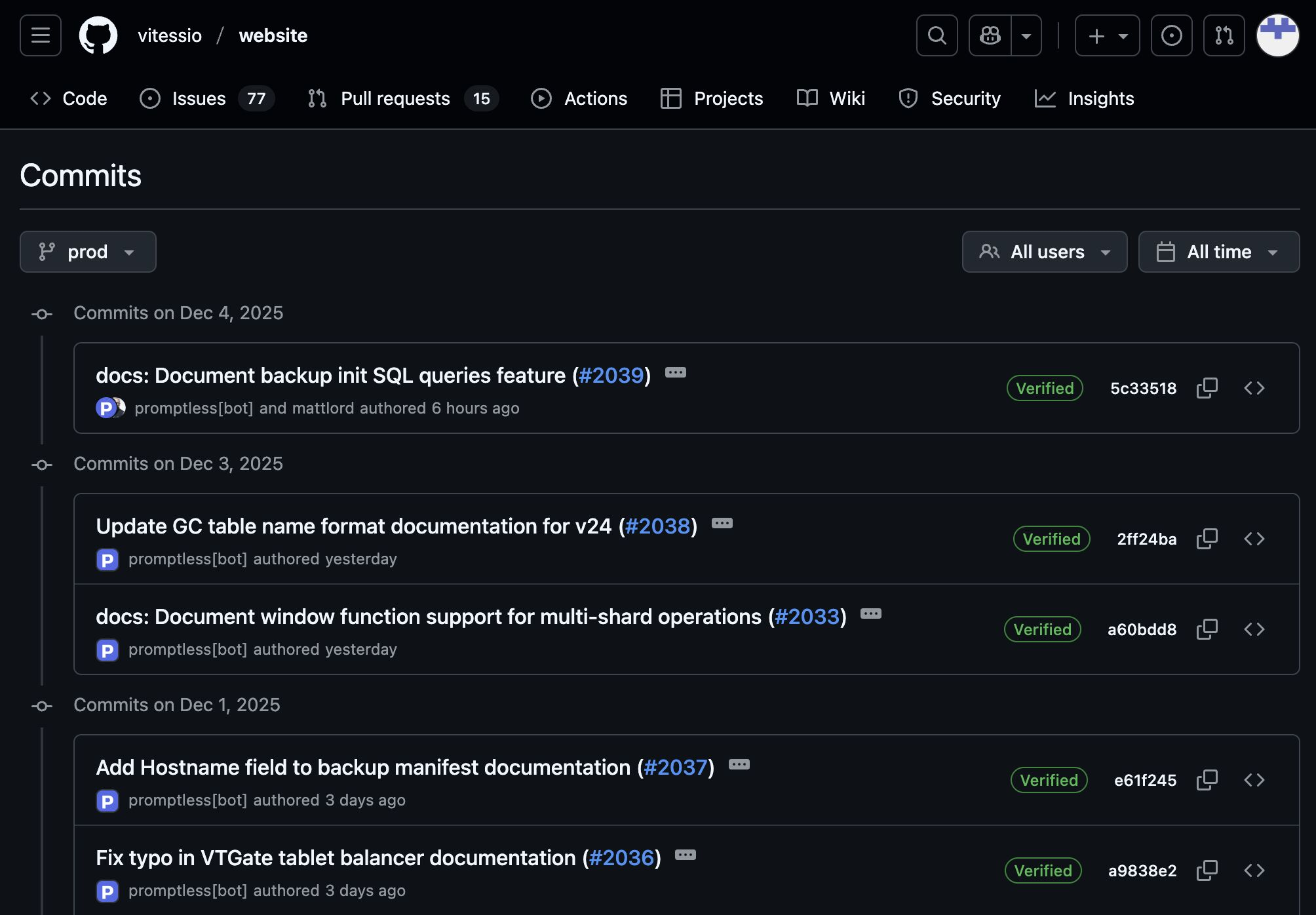 Vitess GitHub repository commits page showing Promptless-generated documentation updates