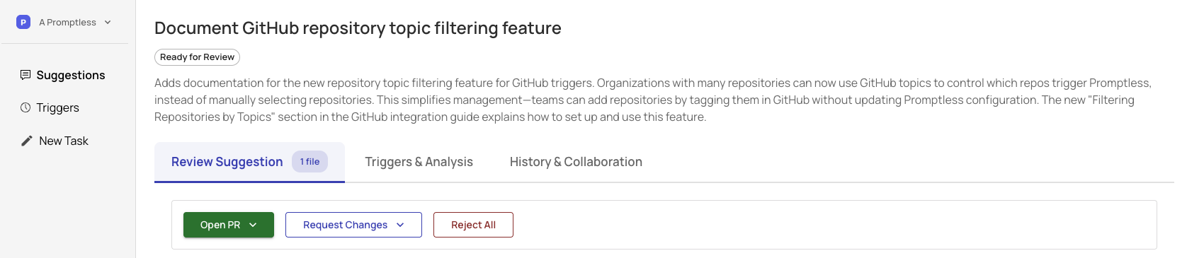 Promptless suggestion review interface showing a Ready for Review status