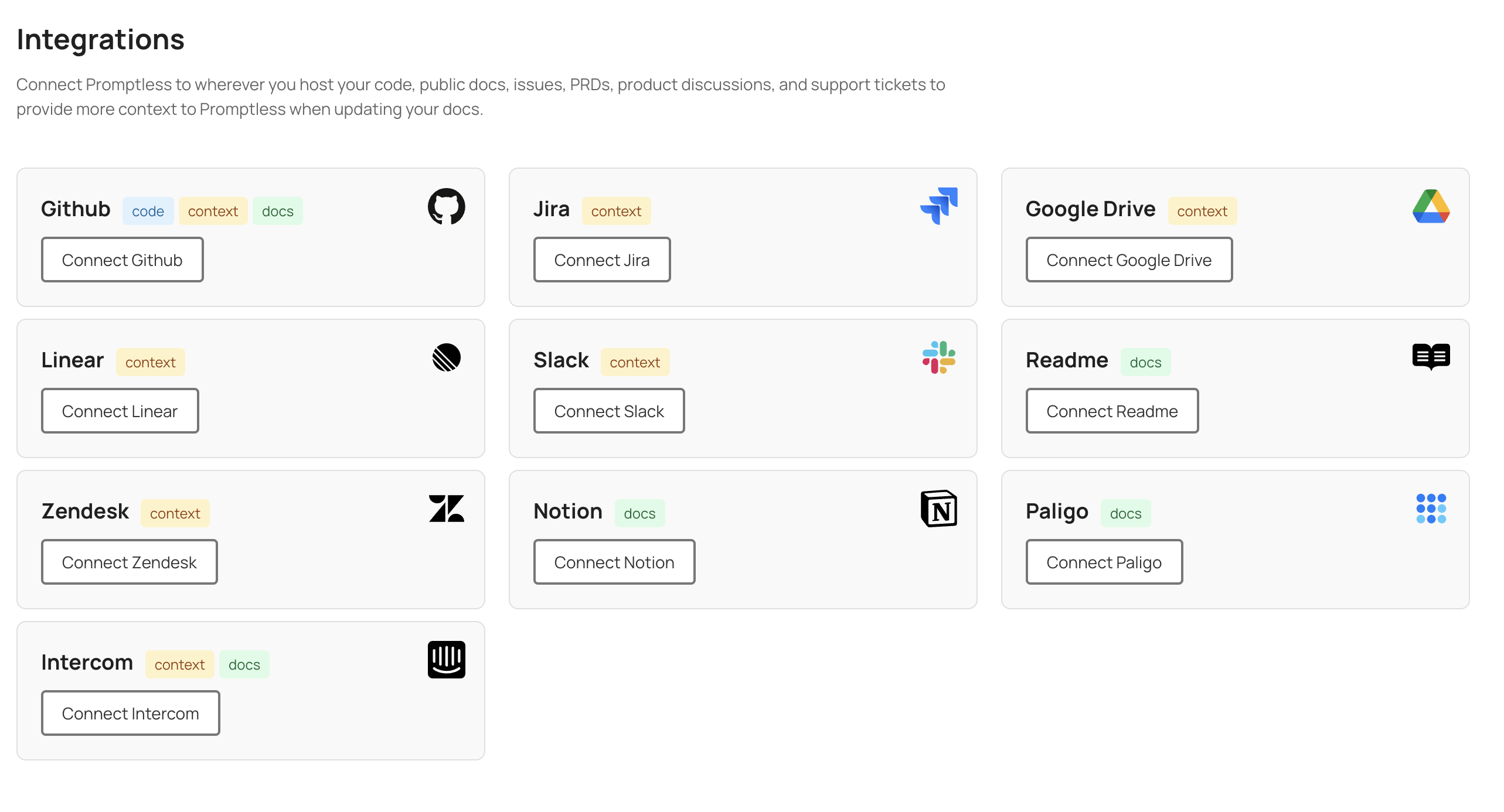 Integrations page showing available connections including GitHub, Jira, Google Drive, Linear, Slack, Readme, Zendesk, Notion, Paligo, and Intercom