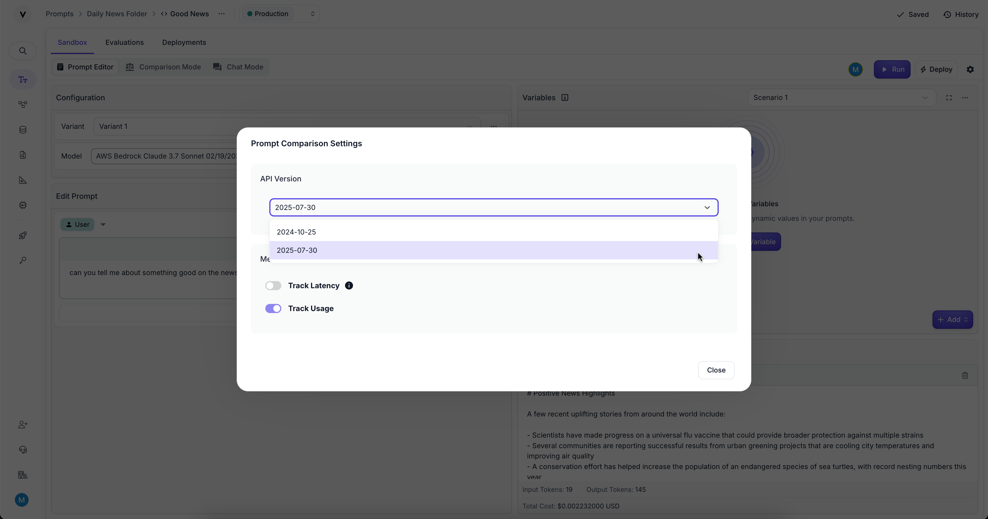 API Version selector shown in the Prompt Sandbox Editor Settings