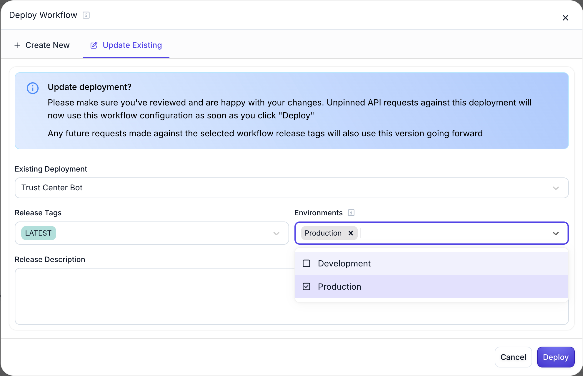 Deploy modal with multiple Environment selection options