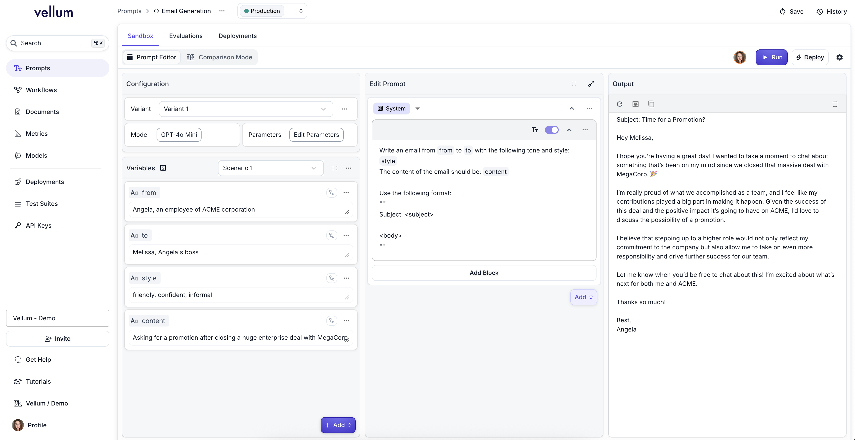 Screenshot showing the new 3-column Prompt Editor layout with Configuration & Variables on the left, Prompt Editor in the center, and Output panel on the right