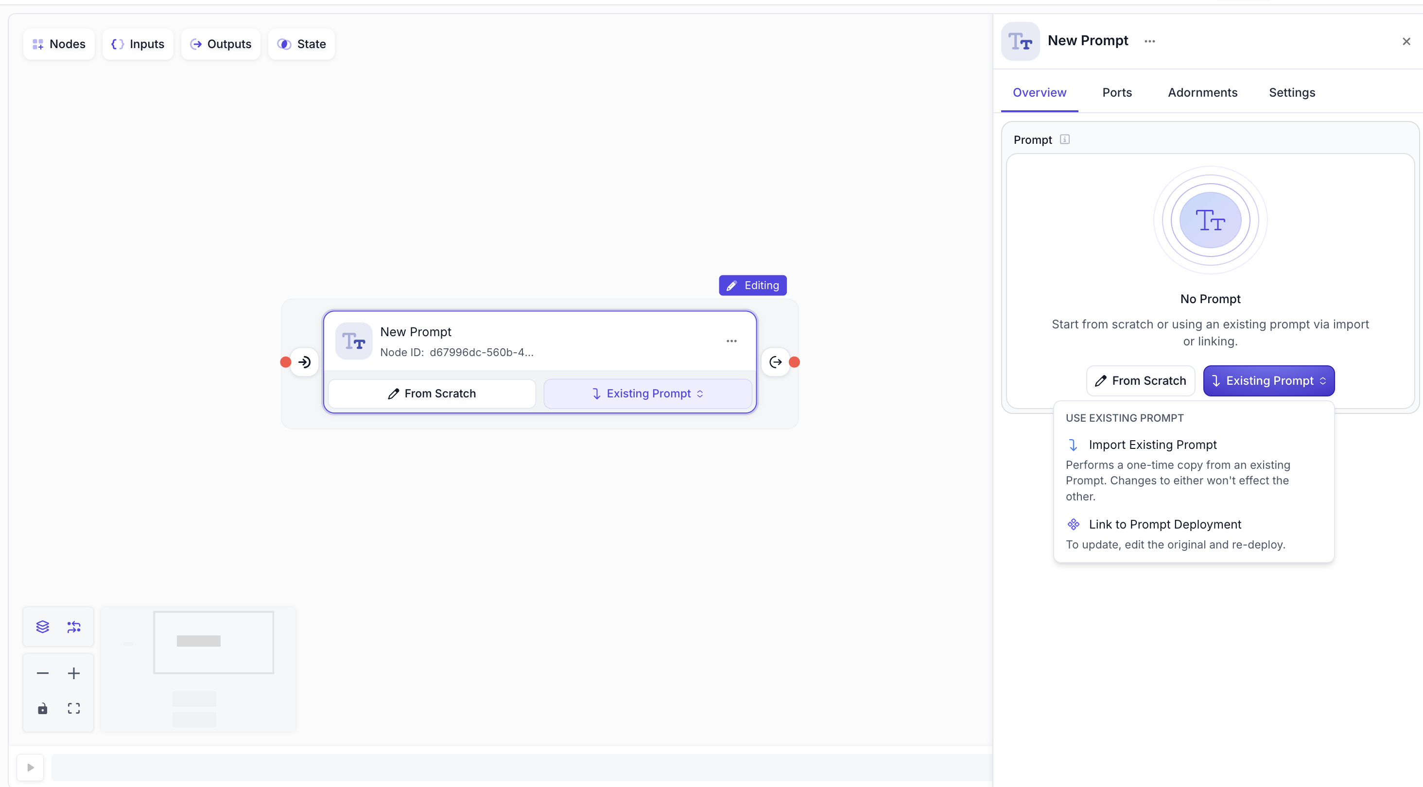 New Prompt Node interface showing unified starting point with From Scratch and Existing Prompt options