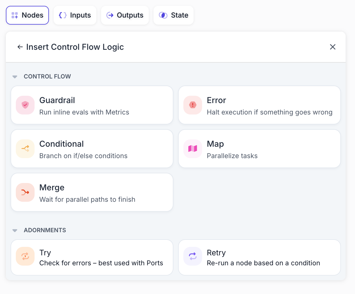 Screenshot showing the expanded Control Flow section with various node types including Guardrail, Error, Conditional, Map, and Merge nodes