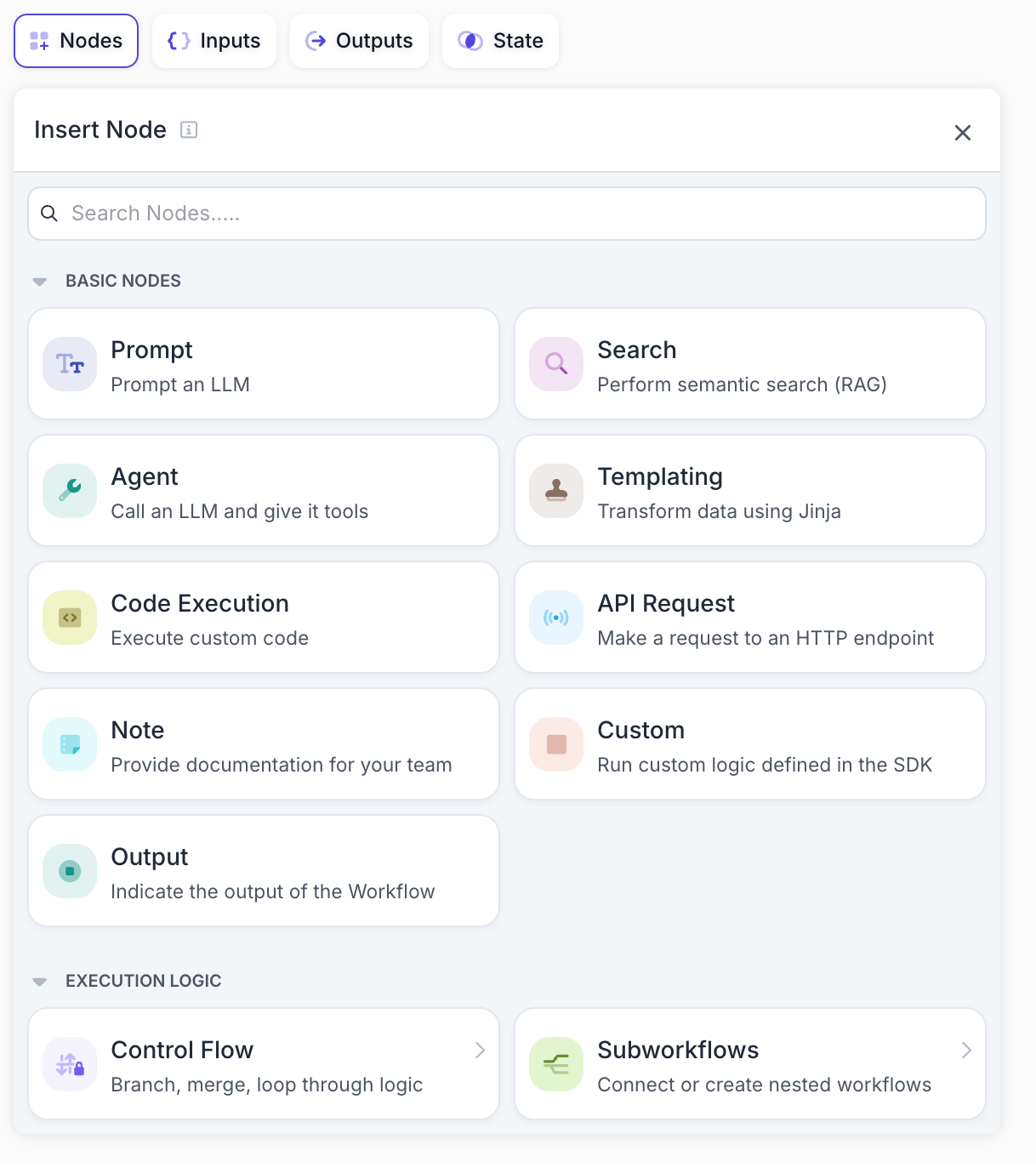 Screenshot of the new Insert Node Panel showing the search bar, reorganized cards, and nested hierarchy with Basic Nodes and Execution Logic sections
