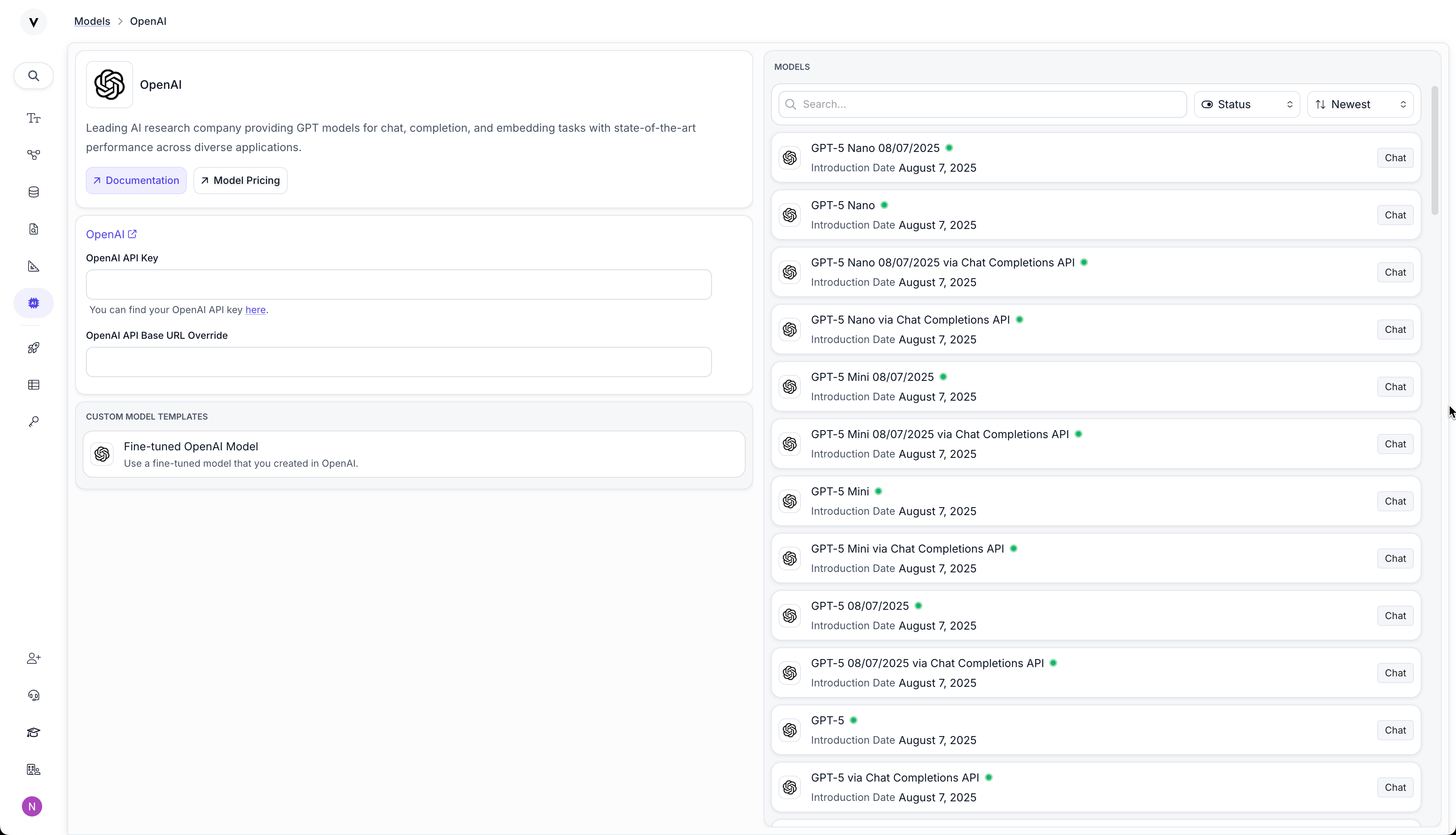 Screenshot of the OpenAI provider page showing a list of GPT models with search functionality, status indicators, and provider configuration options including API key setup