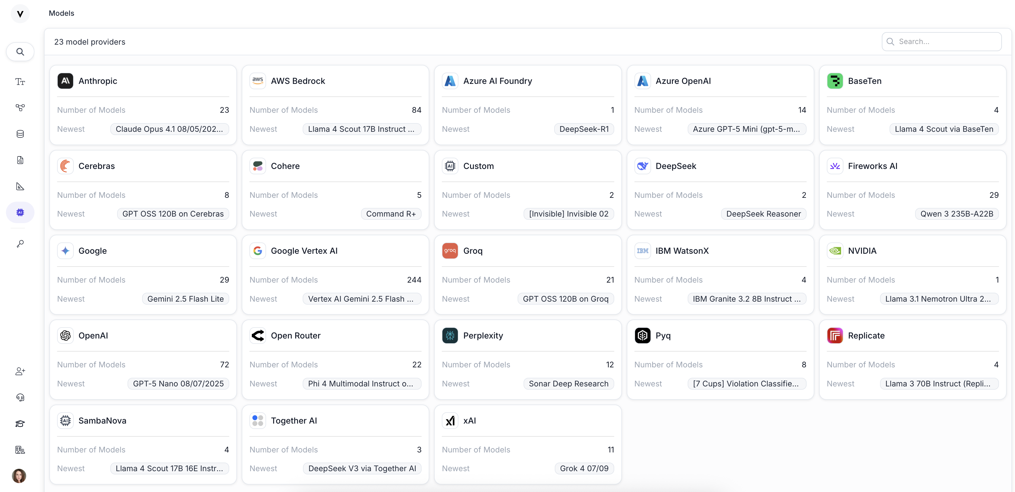 Screenshot of the new Models Page showing a grid of model provider cards including Anthropic, AWS Bedrock, Azure AI Foundry, Azure OpenAI, BaseTen, and others with model counts and newest model information