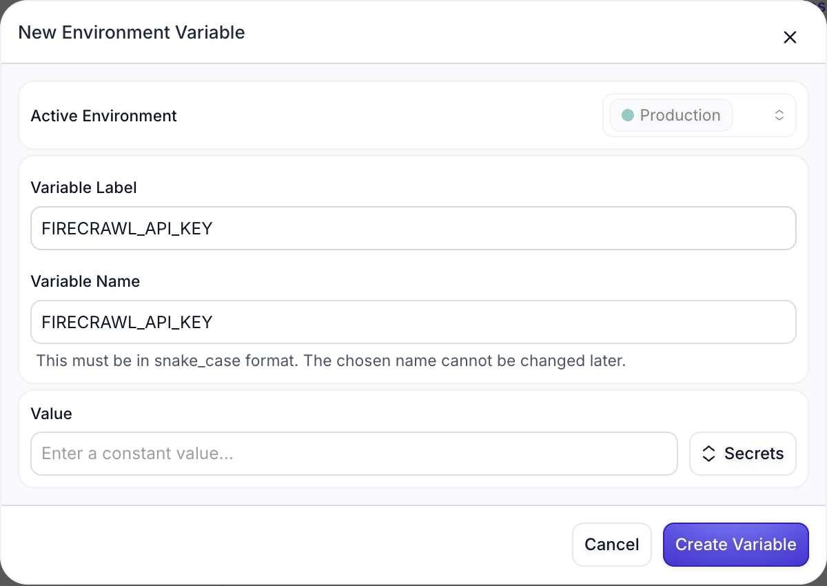 Modal for creating a new Environment Variable showing variable name, value configuration, and Secrets integration