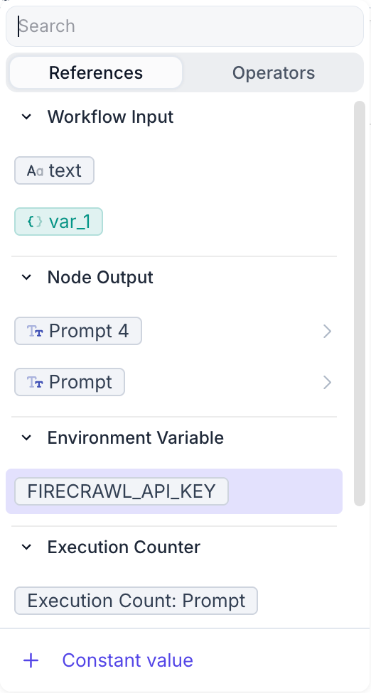 Workflow interface showing Environment Variables available in the Node input selection dropdown