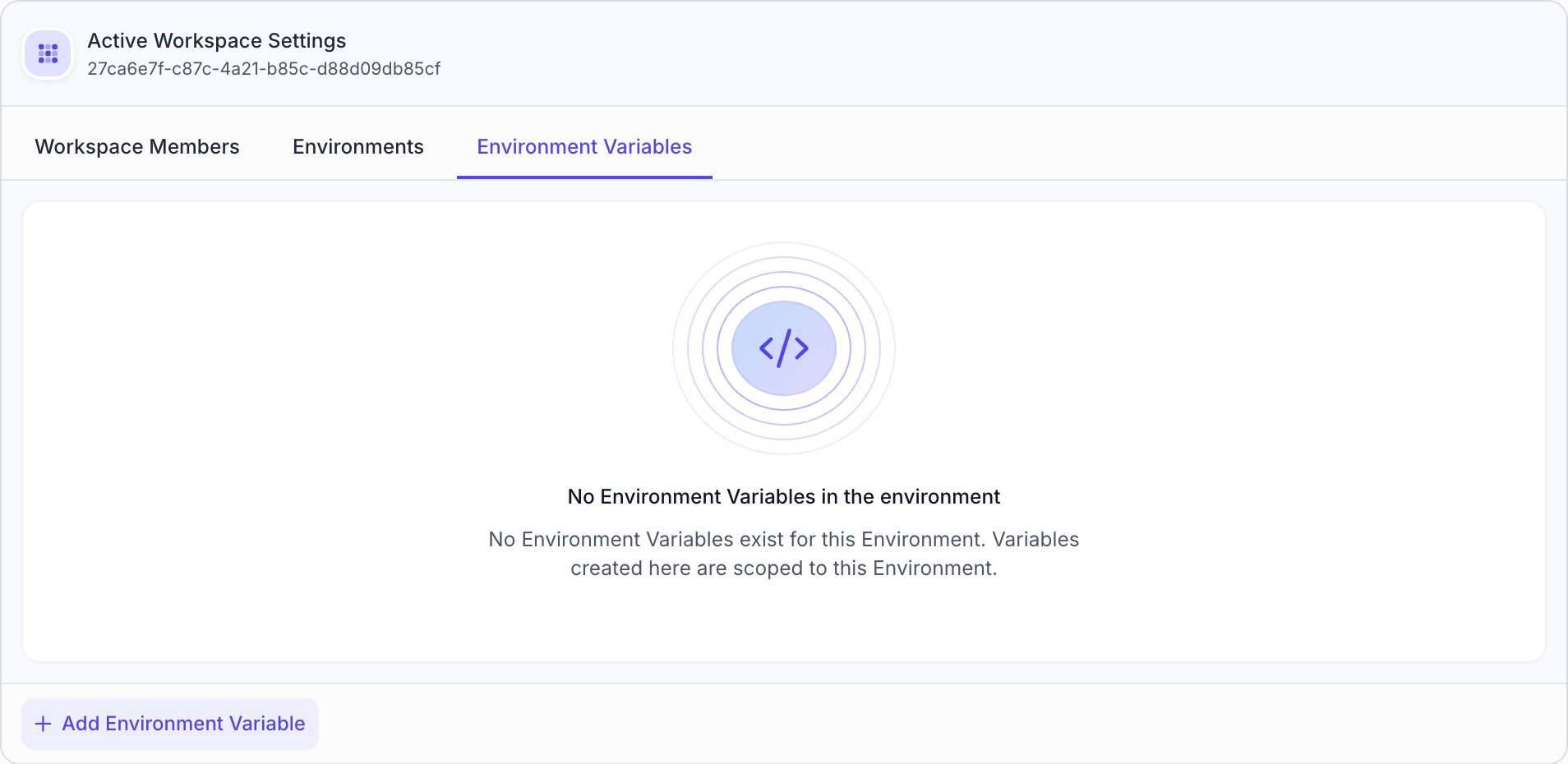 Environment Variables tab showing the interface for managing environment-specific variables