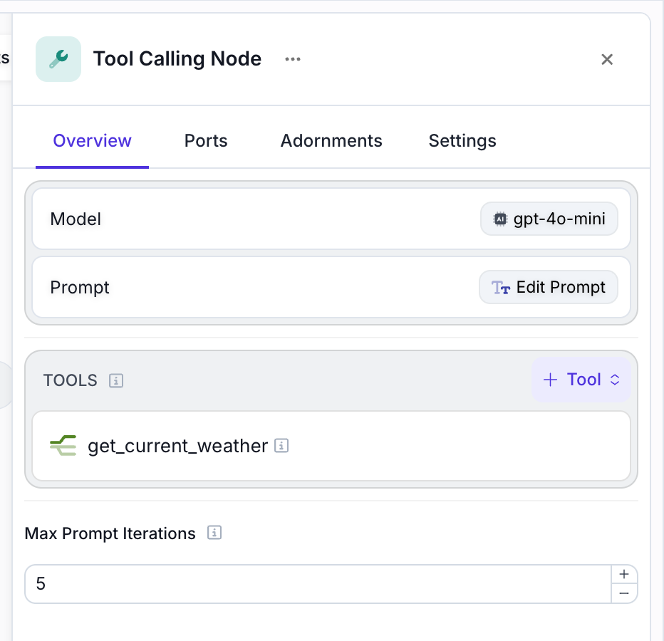 Tool Calling Node configuration showing model selection and prompt editing interface