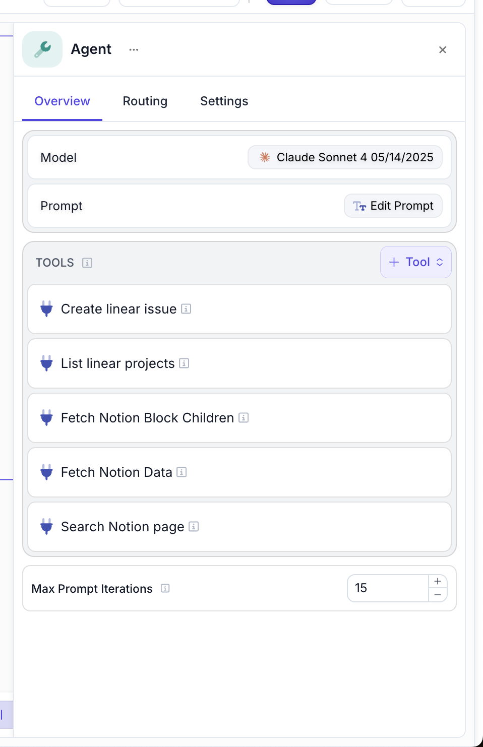 Agent Node overview showing configured tools including Create linear issue, List linear projects, Fetch Notion Block Children, Fetch Notion Data, and Search Notion page