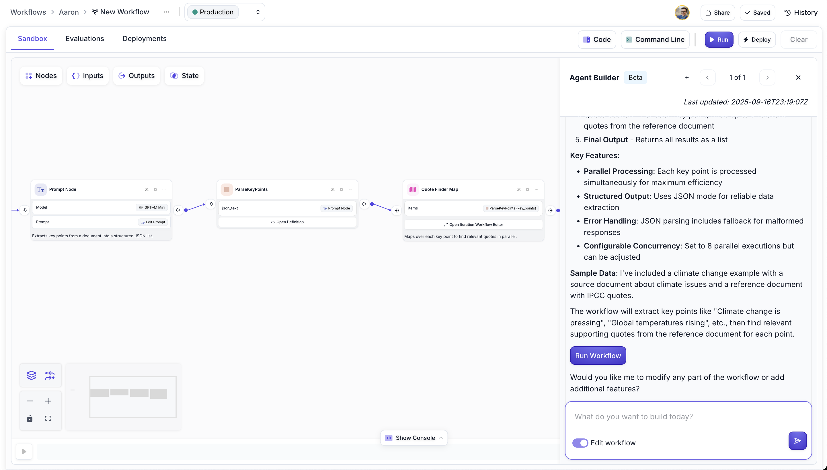 Screenshot showing a completed workflow with multiple connected nodes in the main canvas area and the Agent Builder panel on the right side, ready for further interaction