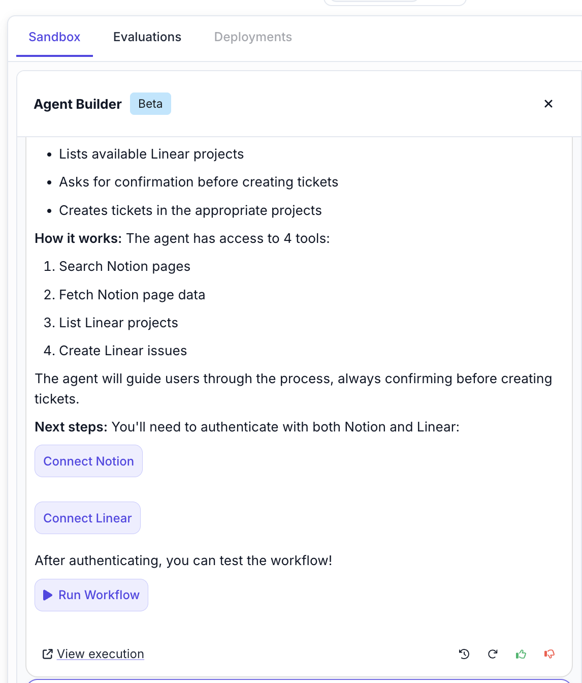 Agent Builder interface showing Connect Notion and Connect Linear buttons with example workflow plan