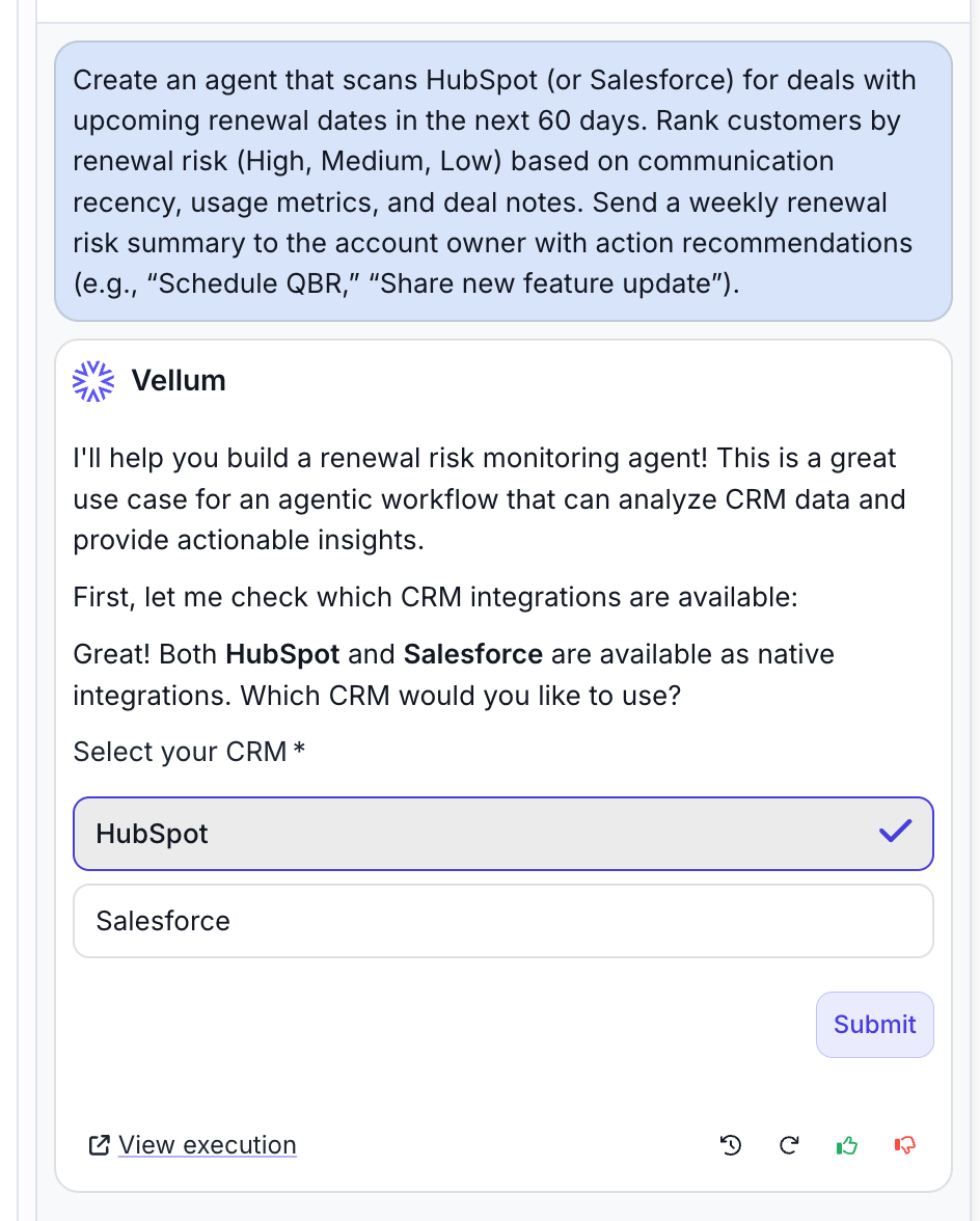 Agent Builder conversational interface showing CRM selection between HubSpot and Salesforce for building a renewal risk monitoring agent